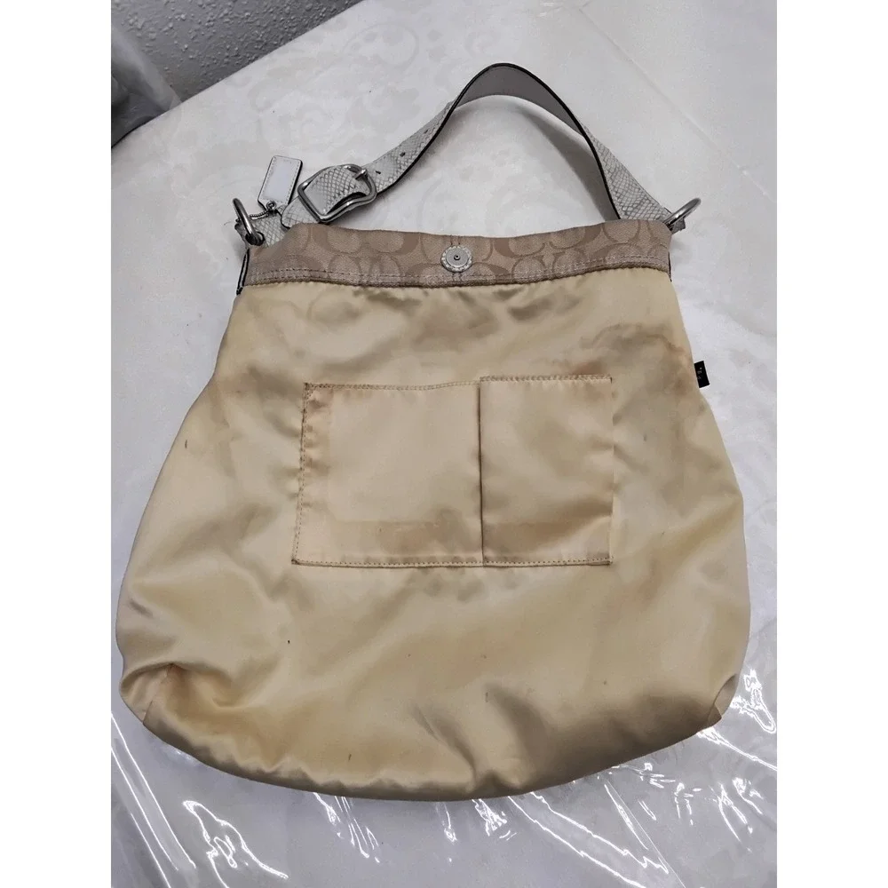 Coach F16538 Signature Jacquard Hobo Shoulder Bag White Leather Trim
